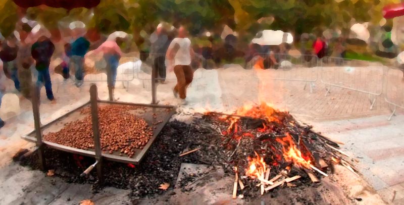 Panorámica de mangostos y castañas en la calle